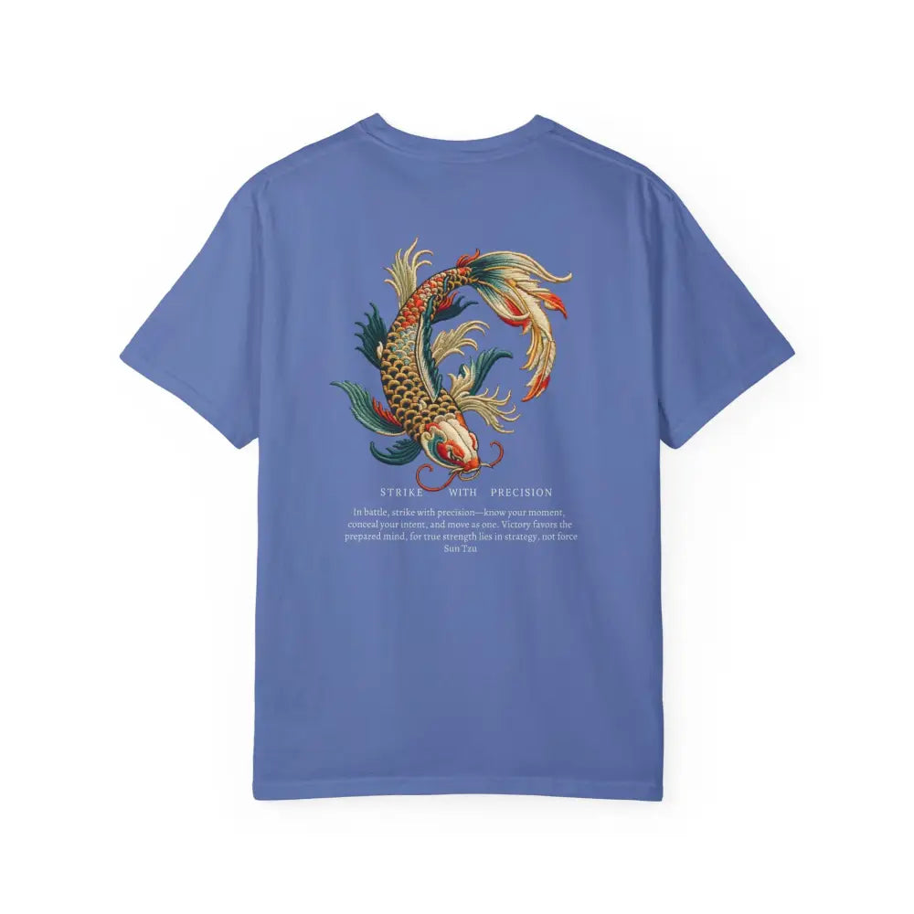 Inspirational Art of War Koi Fish graphic tee in blue with colorful back design