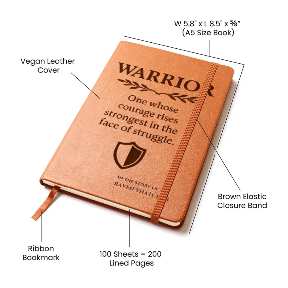 WARRIOR vegan leather journal with elastic band and ribbon bookmark for stylish writing