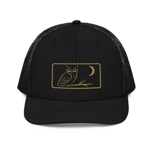 Black mesh-back watcher owl hat with embroidered heritage crescent moon design