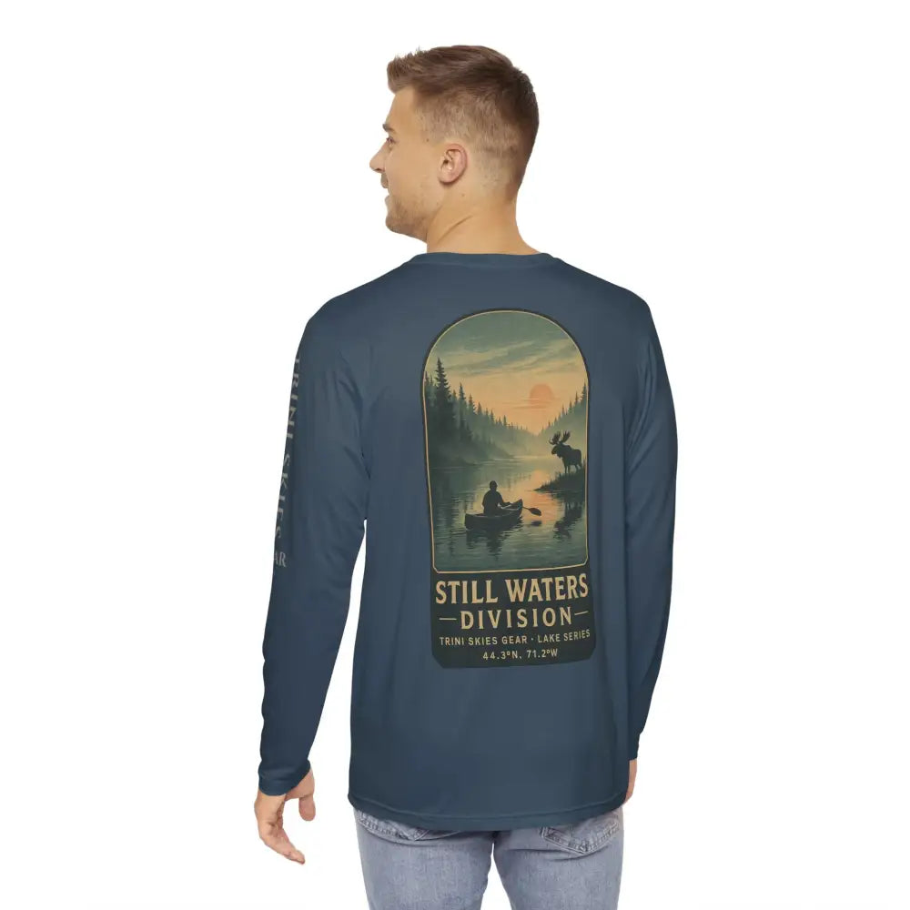 Men’s Trini Skies Gear Waters Division Long Sleeve Fishing Shirt with forest lake graphic