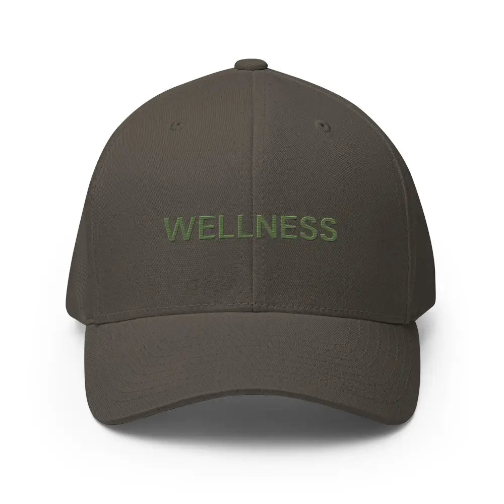 Dark olive green wellness embroidered flexfit hat with WELLNESS front