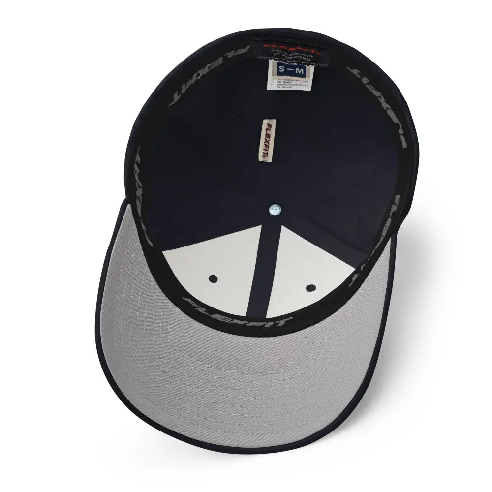 Underside view of wellness embroidered flexfit dark blue cap