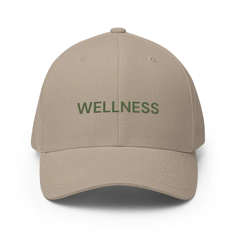 Wellness embroidered flexfit hat in light brown with green text