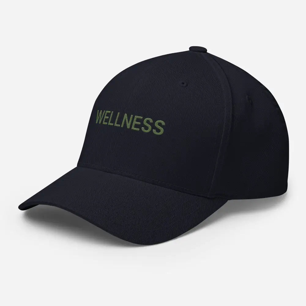 Dark blue wellness embroidered Flexfit hat with WELLNESS front embroidery