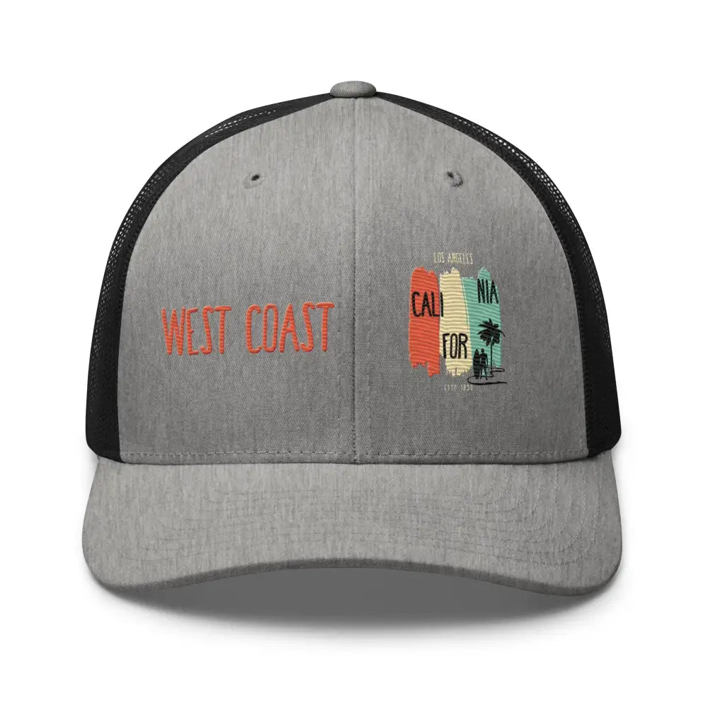 Grey and black trucker hat with WEST COAST embroidered, Los Angeles embroidered cap style