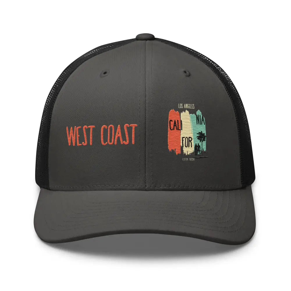 Dark gray los angeles embroidered trucker hat with west coast and california designs