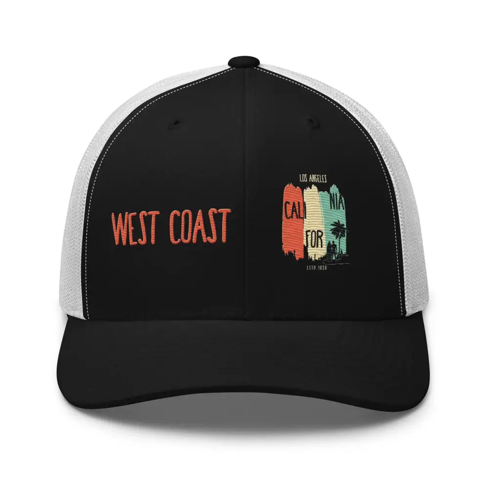 Black and white Los Angeles embroidered trucker hat with colorful Trini Skies graphic