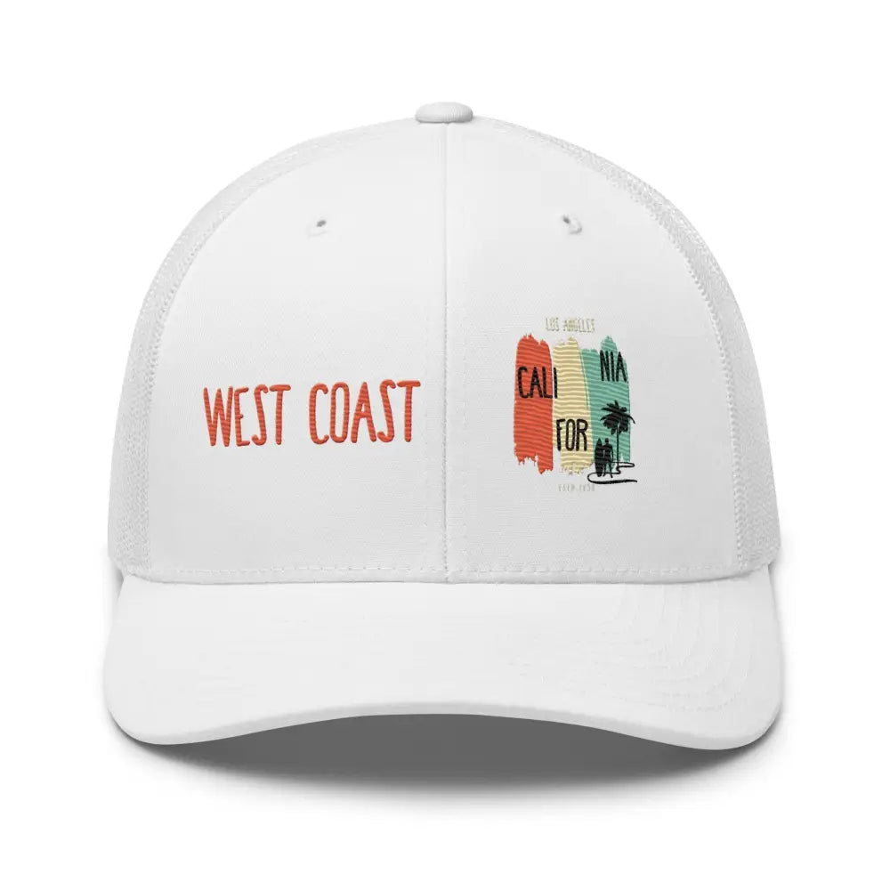 White Trucker Hat with Los Angeles Embroidered California Graphic