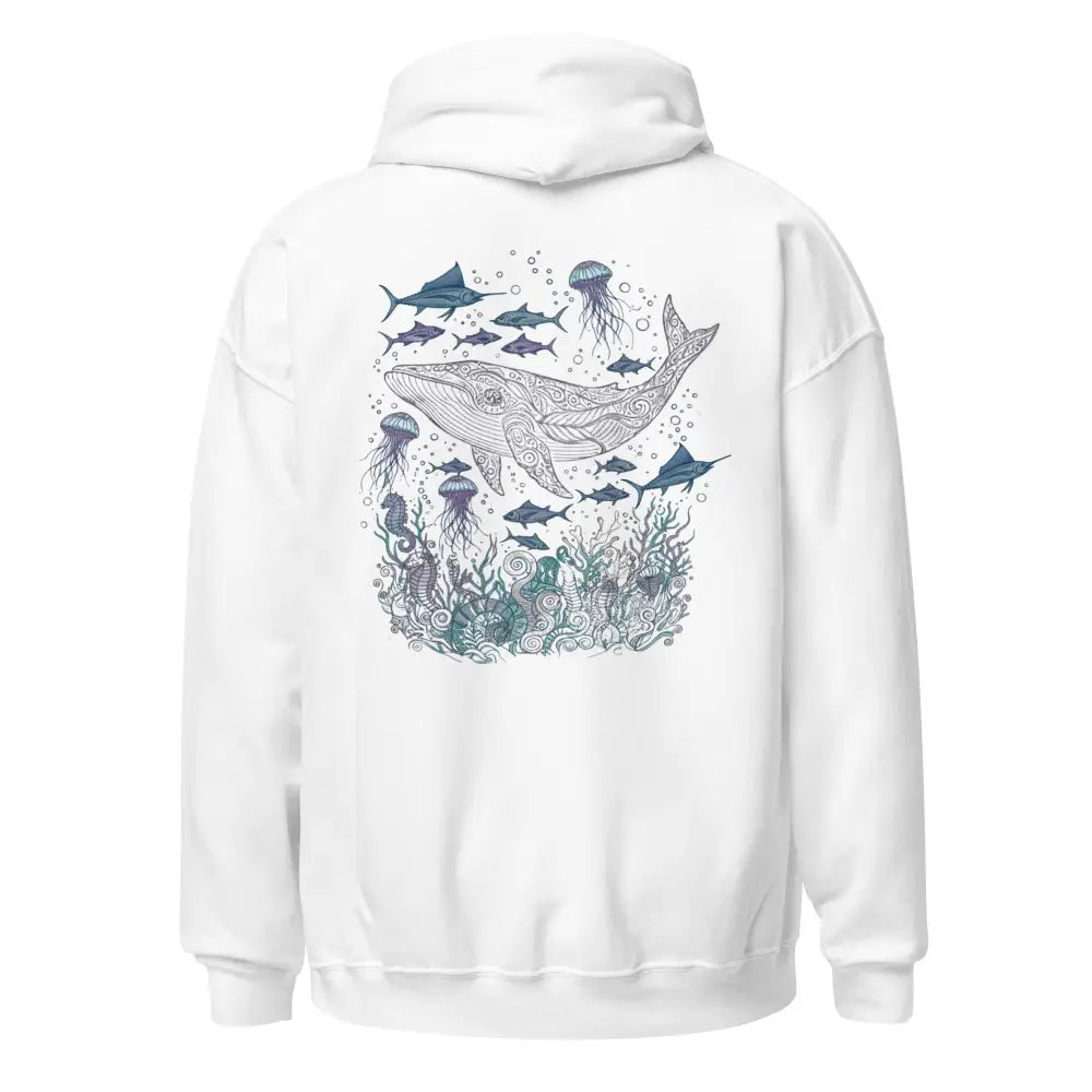 White whale shark hoodie with ocean life print on back