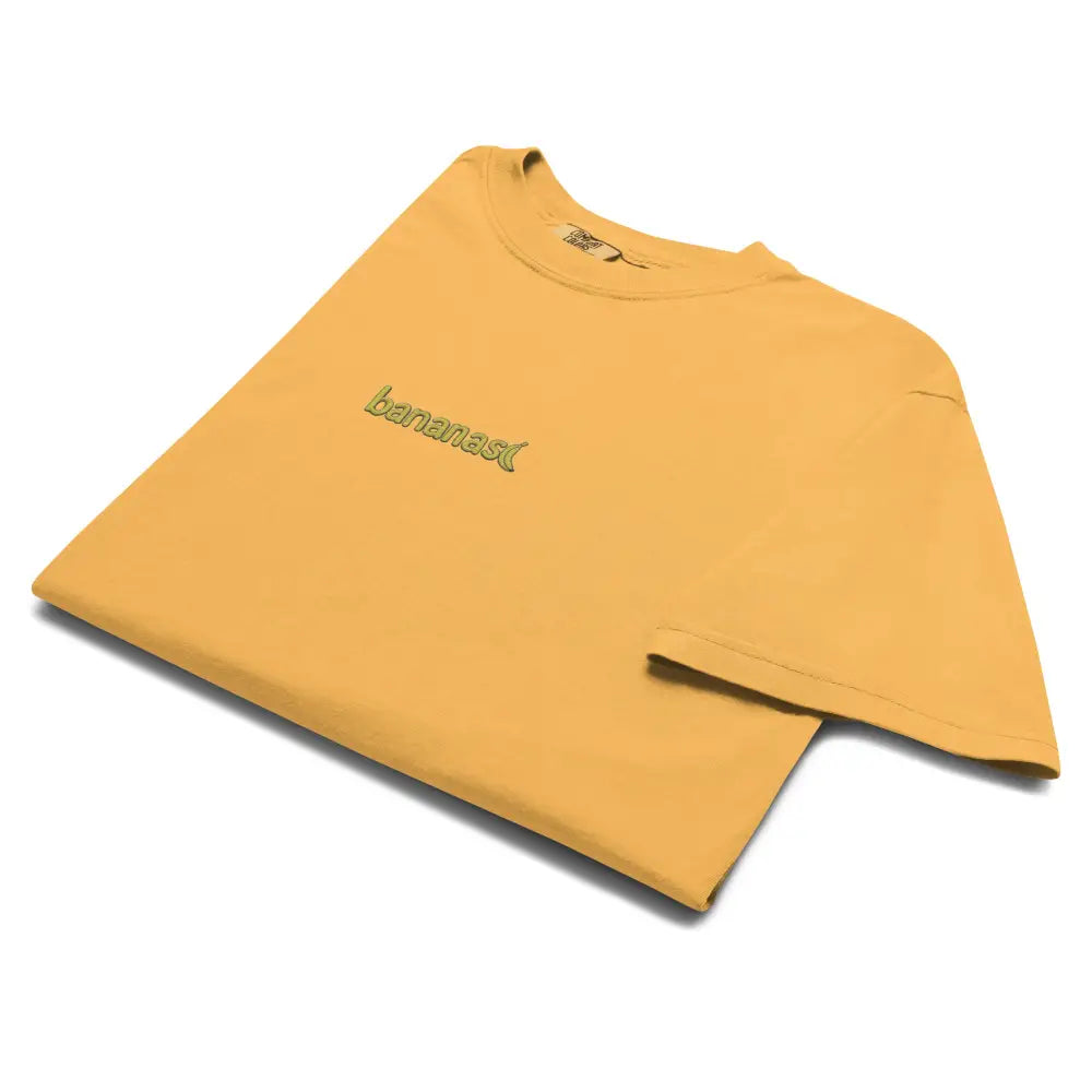 Mustard-yellow bananas embroidered t-shirt with green logo on heavyweight tee Comfort Colors