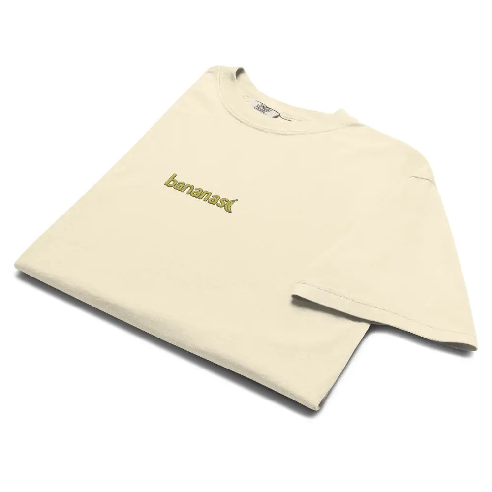 Cream-colored bananas embroidered t-shirt with gold text on heavyweight tee Comfort Colors