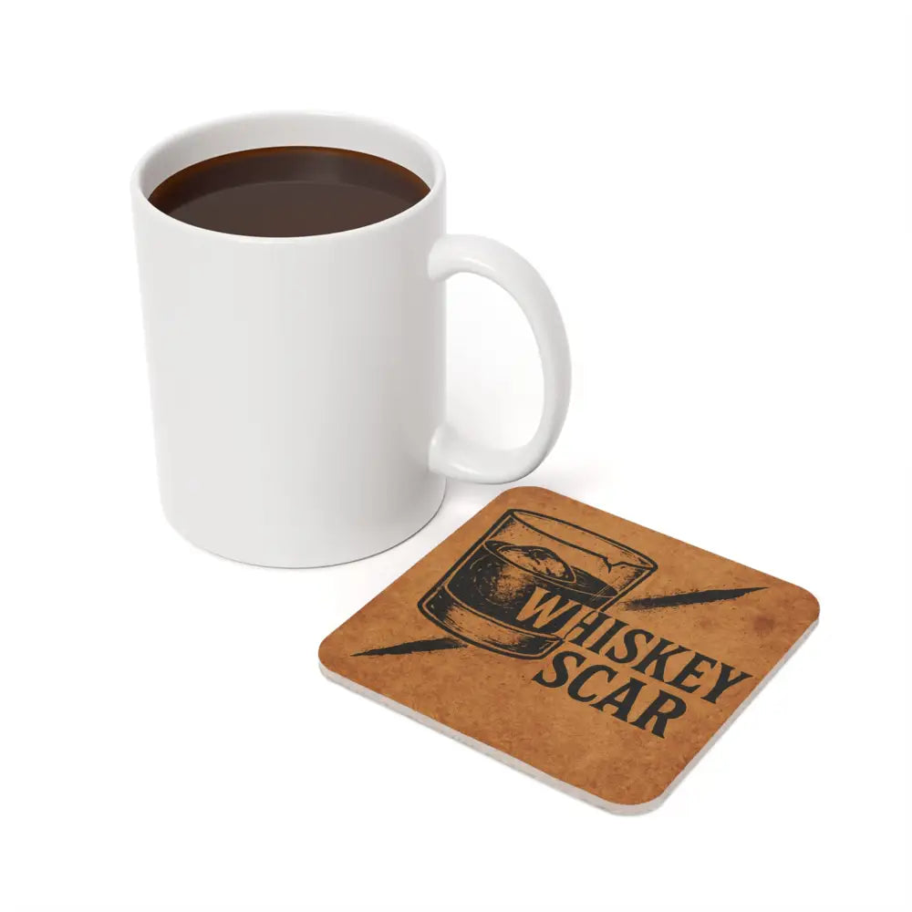 White ceramic mug on Whiskey Scar Cork Coaster from Iron Line Series