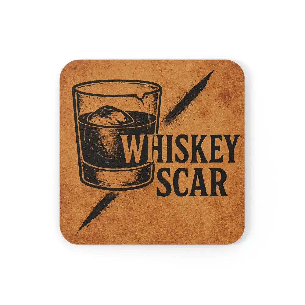 Square beverage coaster with distressed whiskey glass and Whiskey Scar Iron Line Series