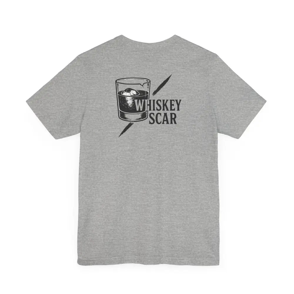 Gray short-sleeve T-shirt with whiskey glass and Whiskey Scar graphic from Iron Line Series