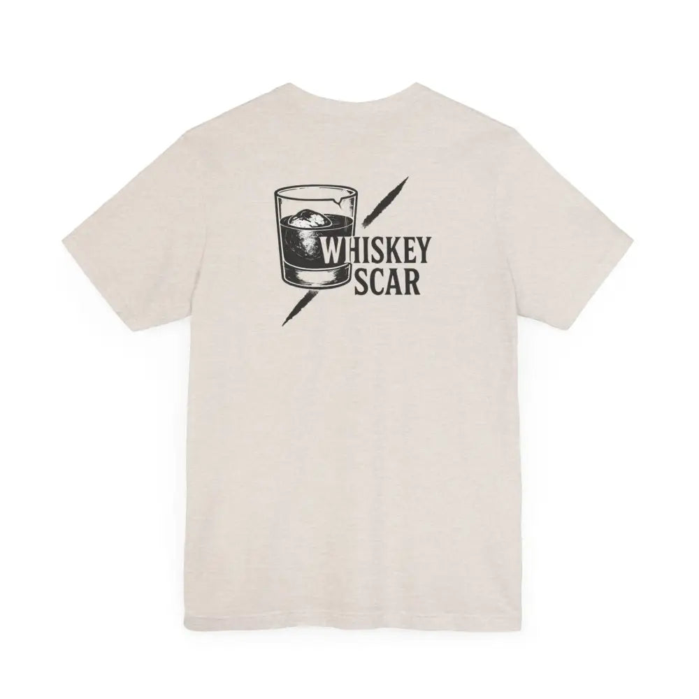 Cream-colored short-sleeve T-shirt with Whiskey Scar graphic from Trini Skies Iron Line Series
