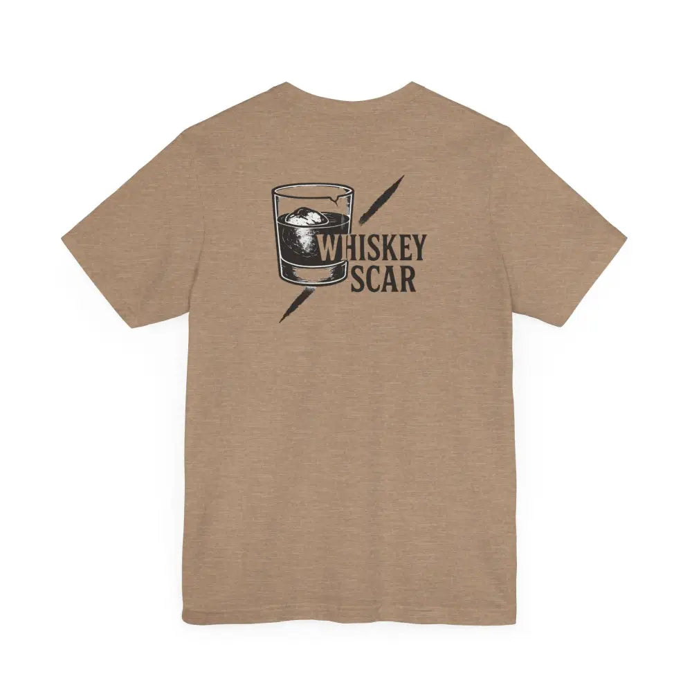 Trini Skies tan t-shirt with whiskey glass, Iron Line Series embroidered design