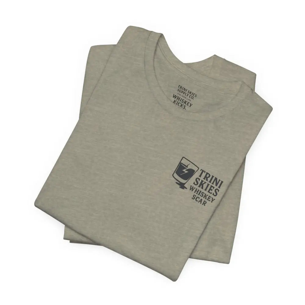 Folded light olive green Trini Skies Whiskey Scar tee from Iron Line Series