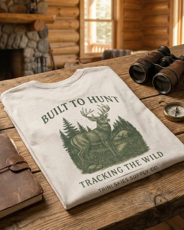 White cotton t-shirt featuring a green deer illustration with the text ’built to hunt’ and ’tracking the wild,’ branded by trini skies supply co.