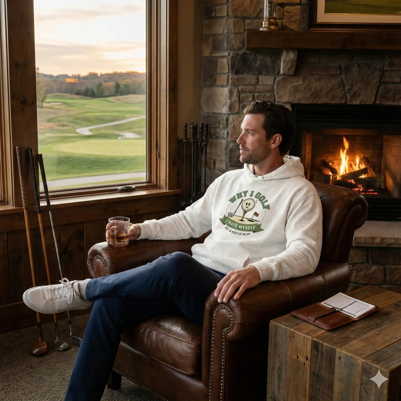 White hoodie with green and black graphic design featuring a golf ball, flag, and text reading ’why i golf’ and ’i hate myself’.