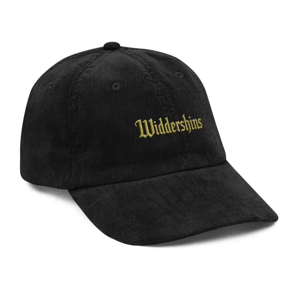 Black corduroy baseball cap with Widdershins embroidered in gold, perfect for gothic folklore dark academia style
