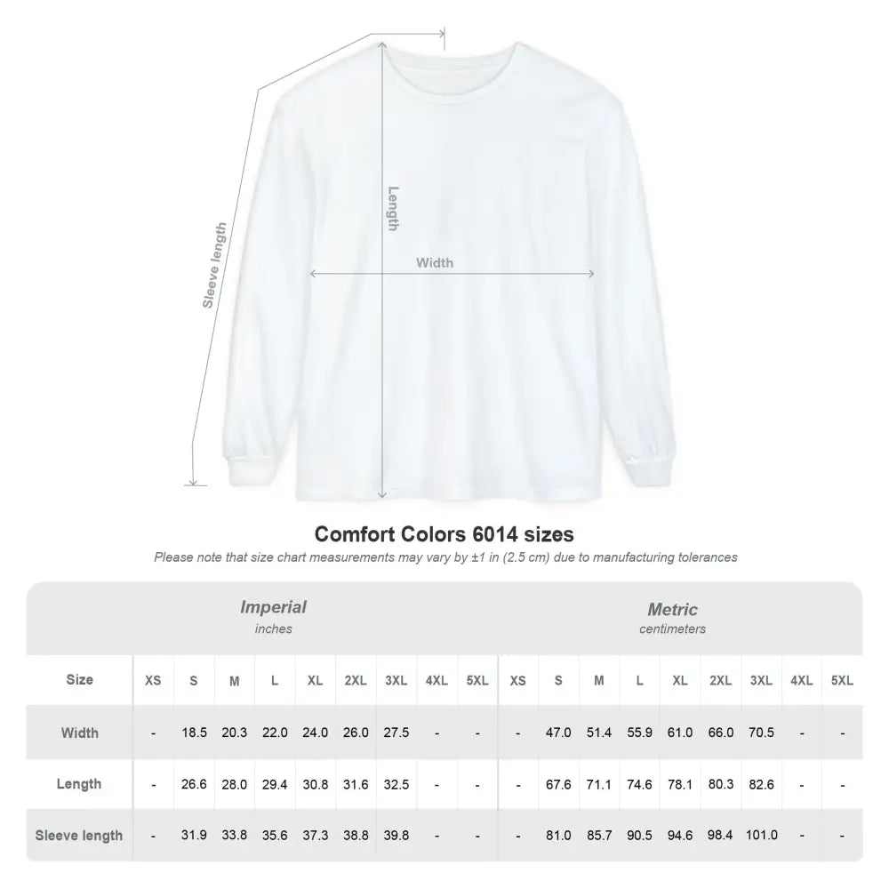 Trini Skies Supply vintage outdoor spirit long sleeve tee with size chart