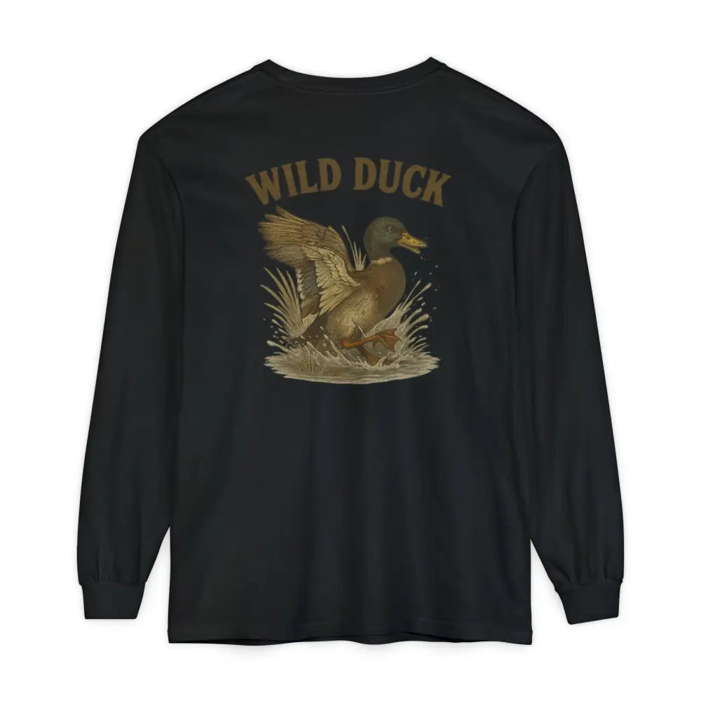 Trini Skies Supply black long-sleeved tee with wild duck graphic, vintage outdoor spirit