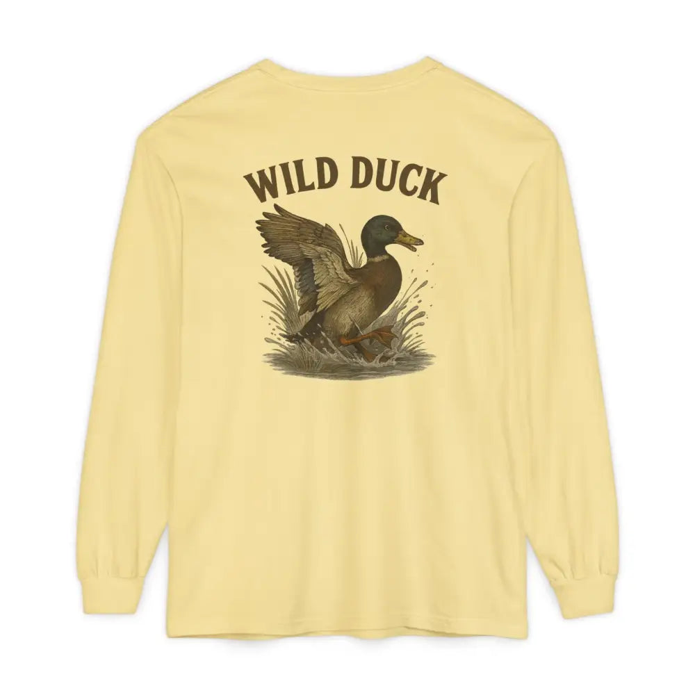 Yellow long-sleeve Trini Skies Supply tee with mallard duck graphic