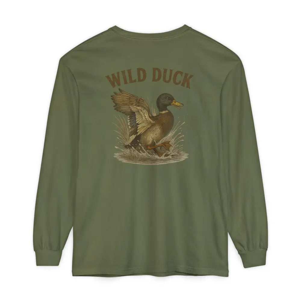 Olive green long-sleeve tee with vintage outdoor spirit mallard duck graphic
