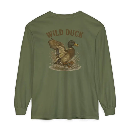 Olive green long-sleeve t-shirt with mallard duck graphic from Trini Skies Supply Vintage Outdoor Spirit collection