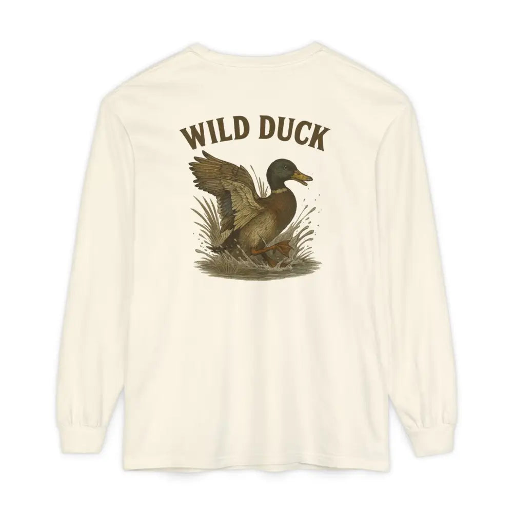 Cream-colored long-sleeve Wild Duck graphic tee with vintage outdoor spirit