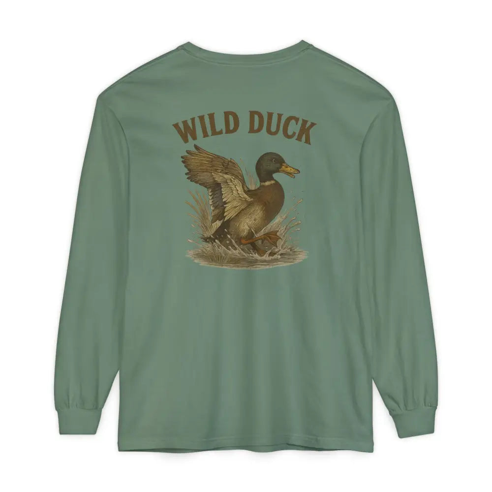 Sage green long-sleeve Trini Skies Supply tee with mallard duck graphic