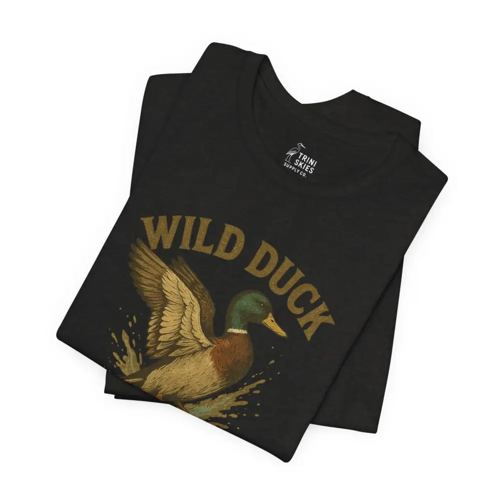Trini Skies wild duck shirt with mallard duck graphic on black tee