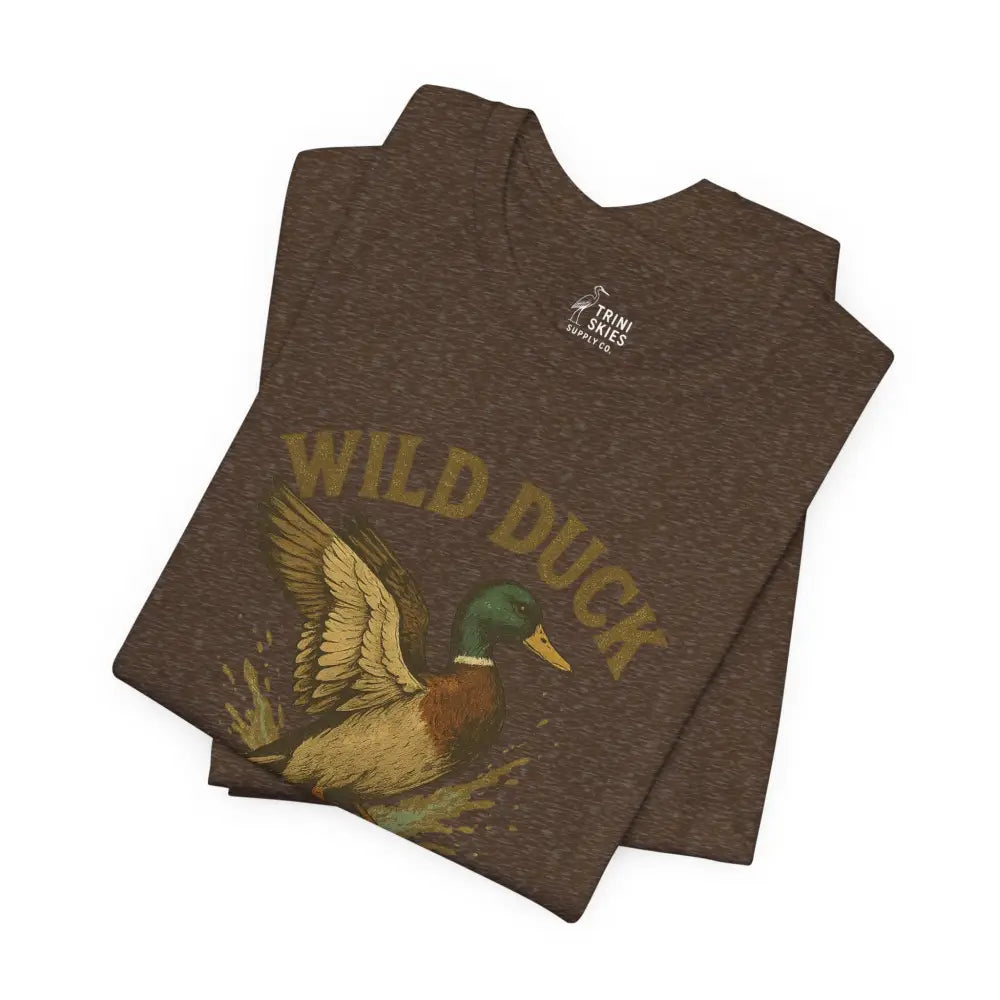 Brown short-sleeved T-shirt with colorful mallard duck graphic from Trini Skies Wild Duck Shirt collection