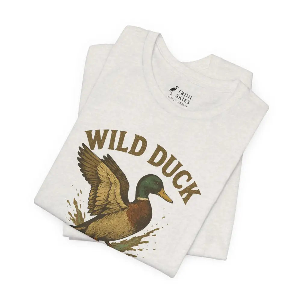 Folded white Trini Skies wild duck shirt with mallard graphic