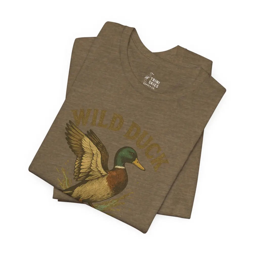 Folded brown Wild Duck Shirt with mallard duck graphic, Trini Skies embroidered corduroy tee