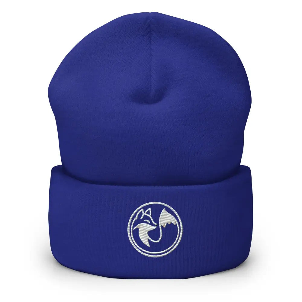 Royal blue wild fox embroidered beanie knit hat with white logo