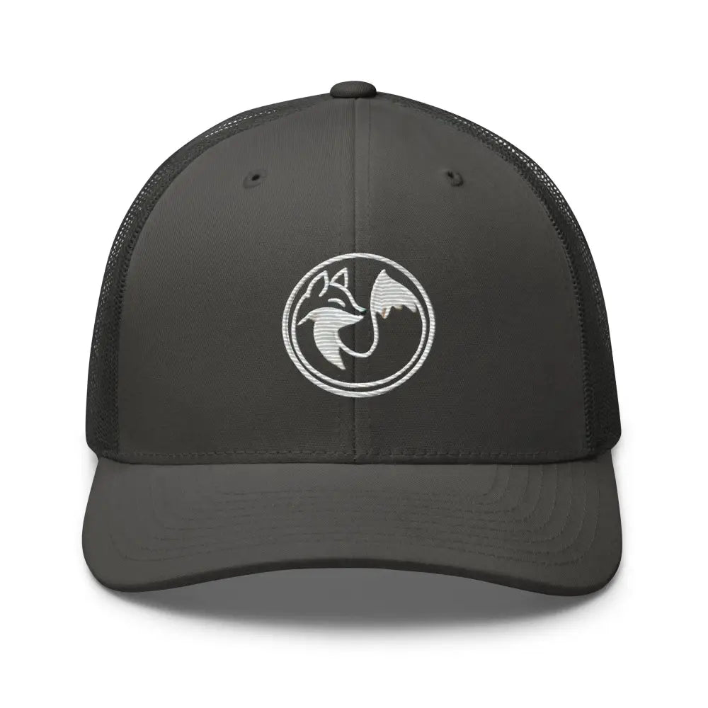 Wild Fox Embroidered dark gray mesh trucker hat with fox and mountain logo