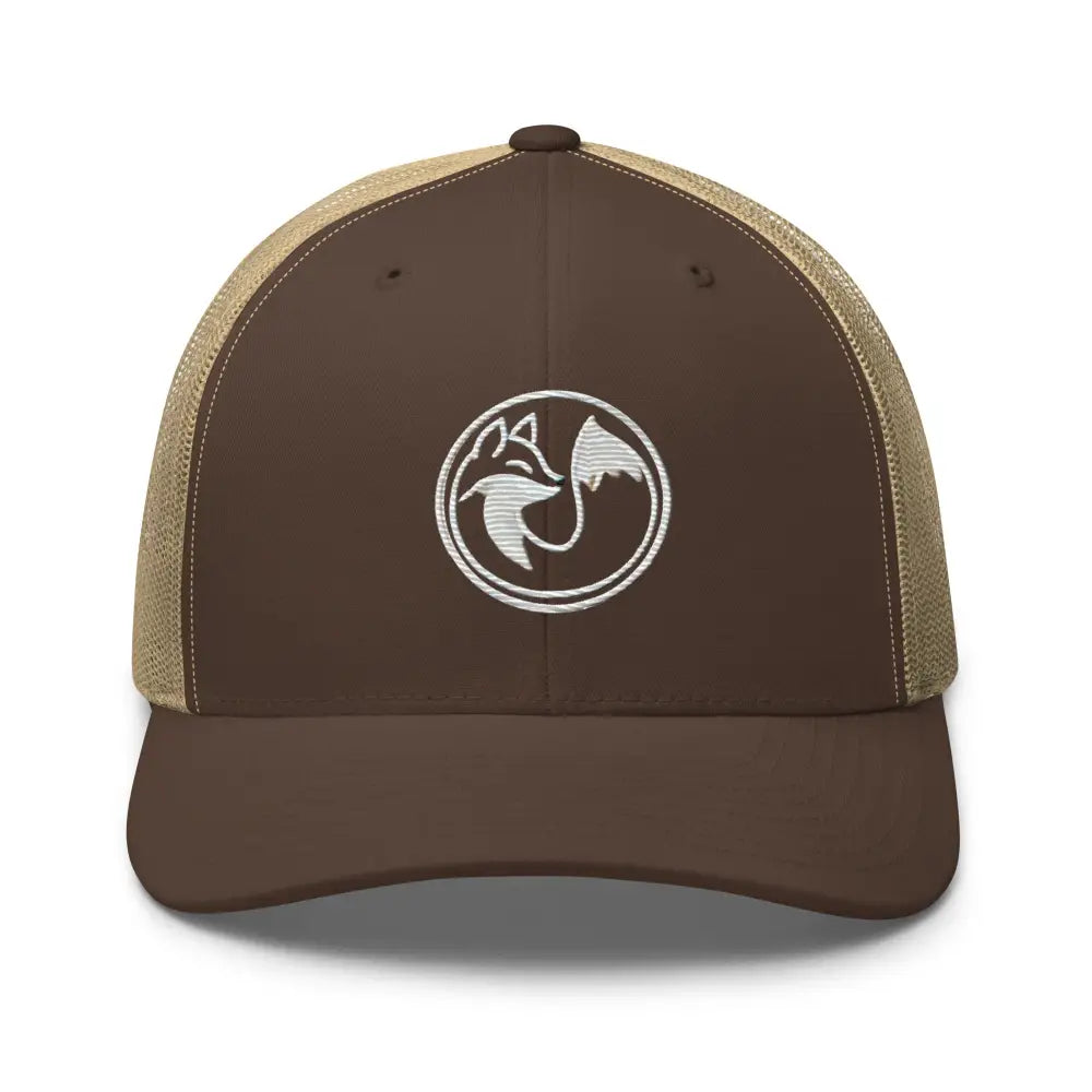 Wild Fox Embroidered Hat Mesh Trucker with brown trucker cap, white fox and mountain logo