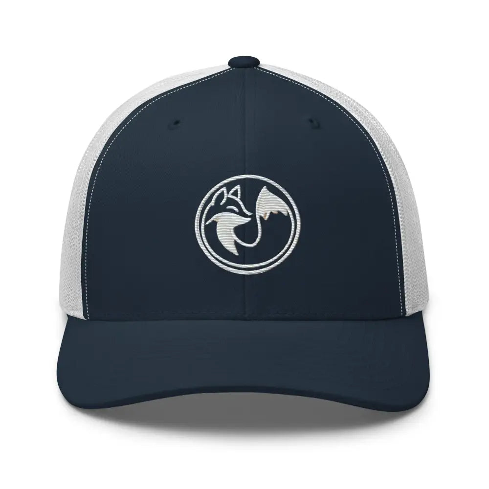 Wild Fox Embroidered navy blue and white trucker cap with fox and mountain logo
