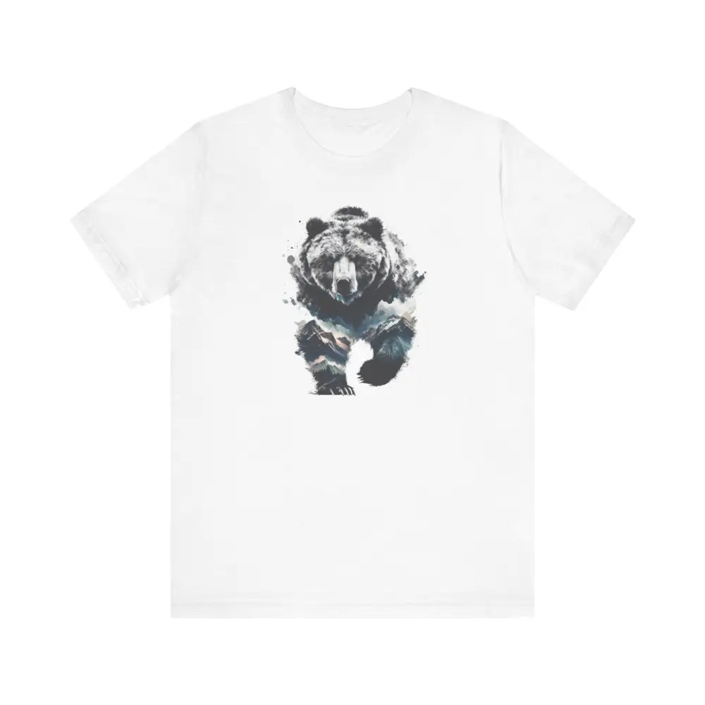 White Trini Skies bear graphic tee with mountain overlay on cotton