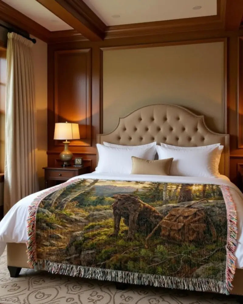 Beige tufted headboard with wilderness labrador retriever woven throw