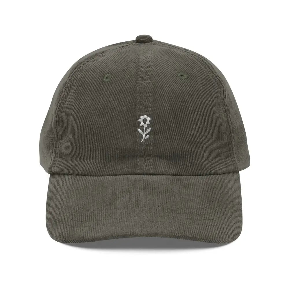 Olive green corduroy baseball cap with white embroidered wildflower design from Trini Skies Supply