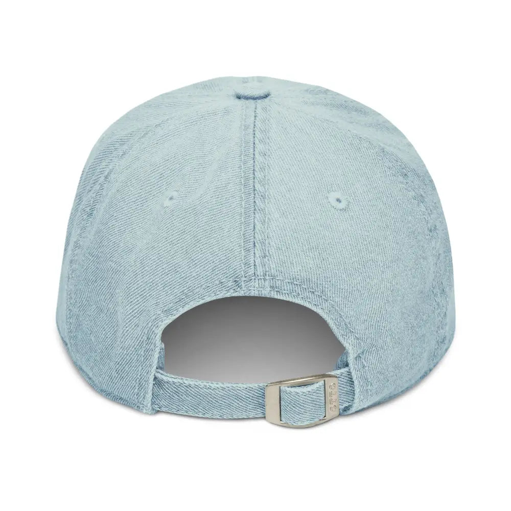 Light blue denim baseball cap from Trini Skies Supply with embroidered wildflower minimalist design