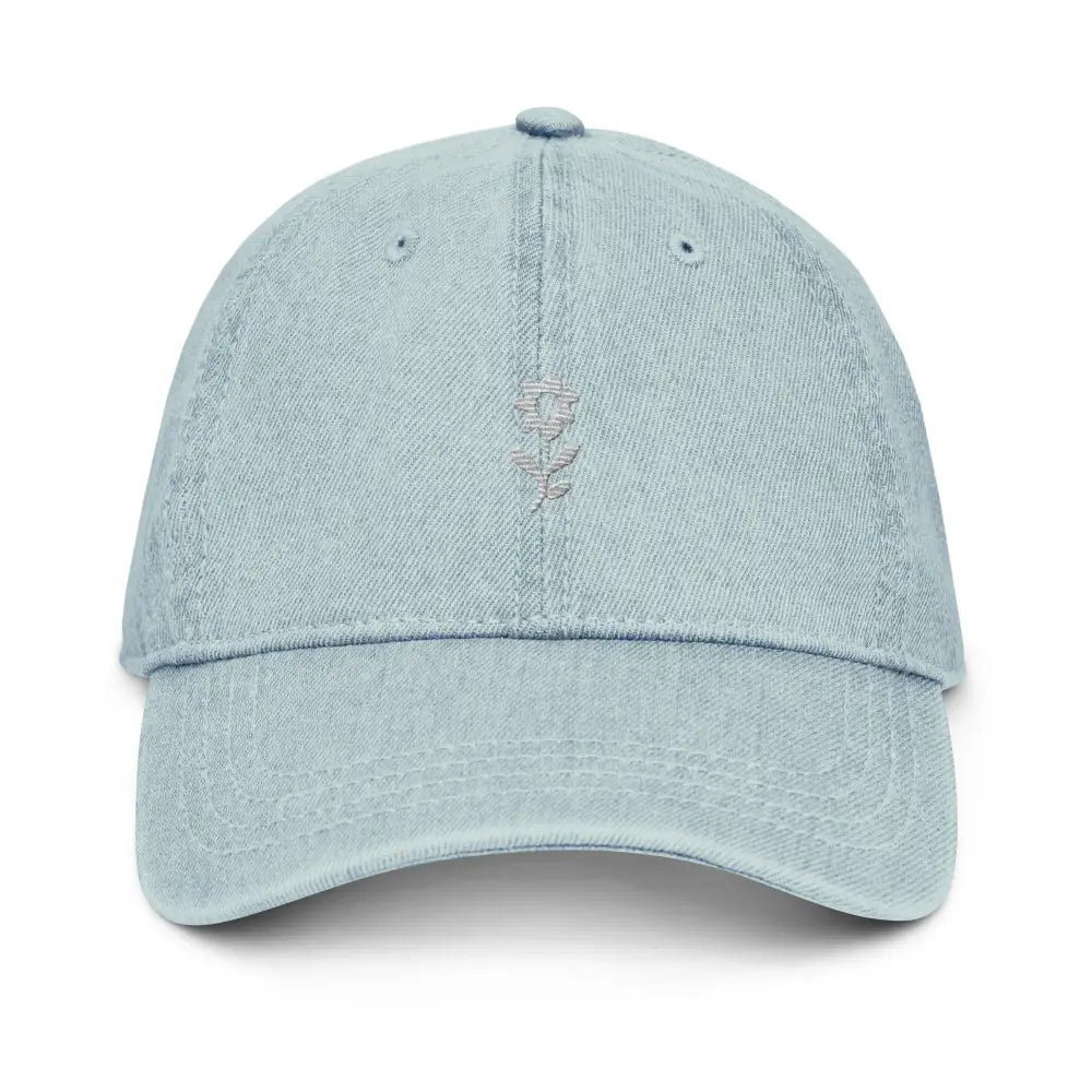Light blue denim baseball cap with embroidered wildflower minimalist design by Trini Skies Supply