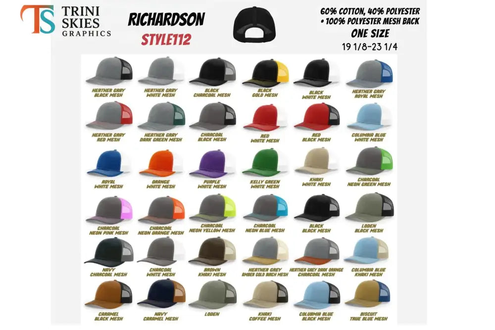 Richardson Style 112 trucker caps in various colors with wildlife mountain scene design
