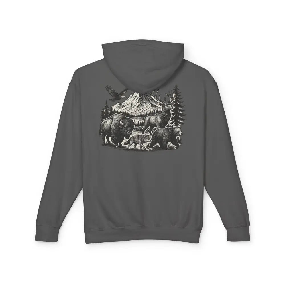 Dark gray wildlife mountain scene hoodie with Trini Skies graphic on back for outdoor enthusiasts