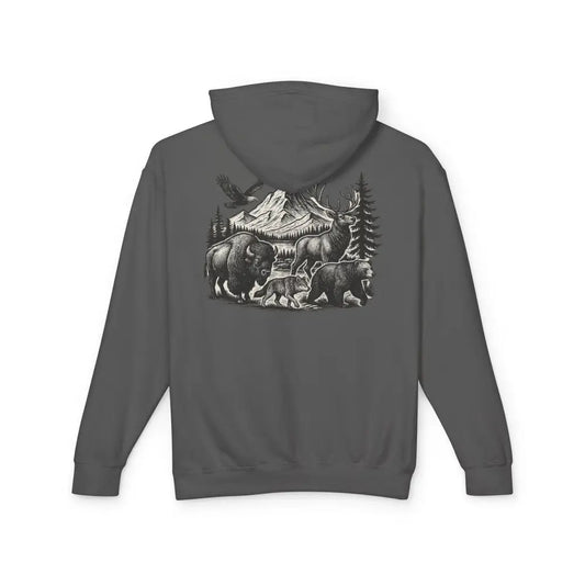 Dark gray wildlife mountain scene hoodie with Trini Skies graphic on back for outdoor enthusiasts