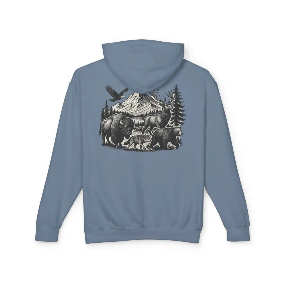 Trini Skies wildlife mountain scene graphic on light blue pullover hoodie