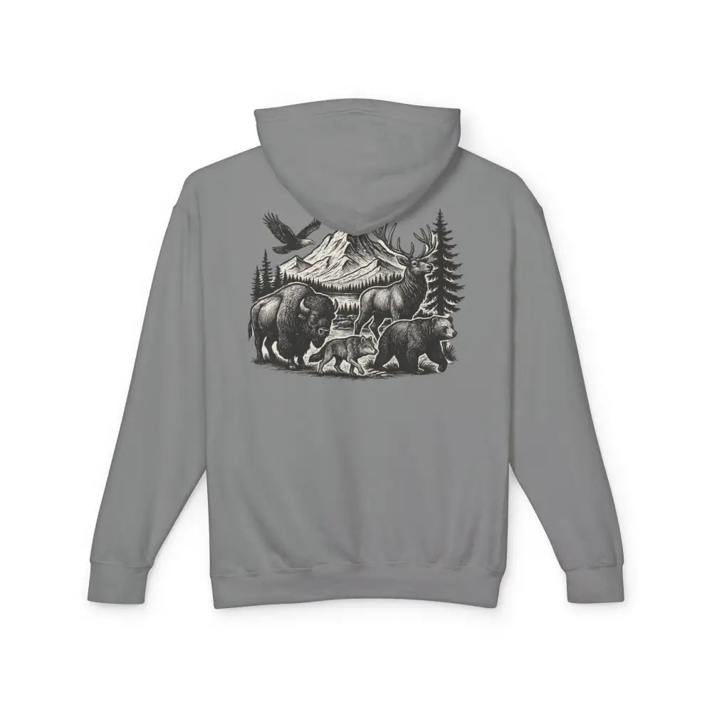 Gray Trini Skies wildlife mountain scene hoodie with nature graphic