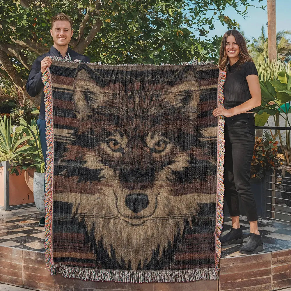 Wolf woven blanket with detailed wildlife-inspired tapestry of realistic wolf face